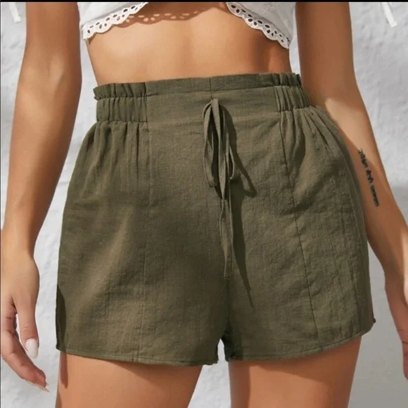 𝅺frill TRIM KNOT WAIST SOLID  SHORTS | ARMY GREEN | PLAIN | SOLID | FRONT TIE - Picture 5 of 6